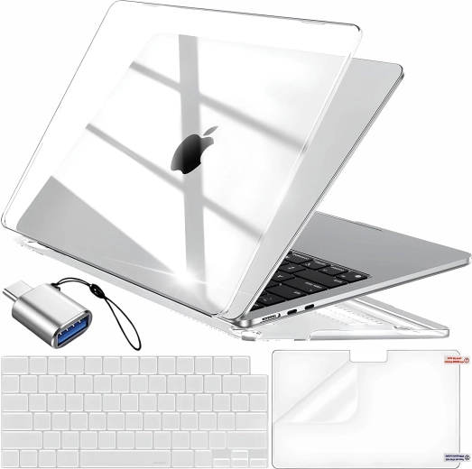 Coque de protection transparente Renew Force pour MacBook Air 13,6" (M2 2022 / M3 2024 / M4 2025) avec protection de clavier, film de protection d’écran et adaptateur USB‑C vers USB 3.0 - 1 pièce