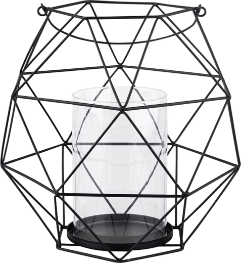 Bougeoir géométrique en métal avec anse et insert en verre 22 × 22 × 22 cm, noir