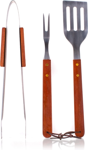Set d’ustensiles de barbecue en acier inoxydable avec poignées en bois, 3 pièces