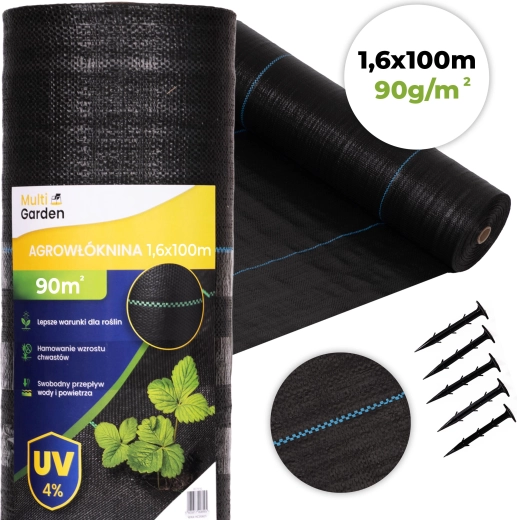 Géotextile de paillage anti-UV 90 g/m² 1,6×100 m avec piquets, MultiGarden