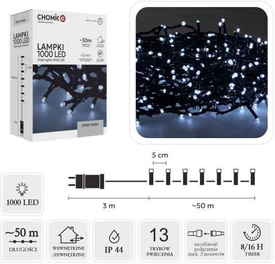 Guirlande lumineuse LED de Noël 1000 LED, blanc froid, 53 m (50 m + 3 m)