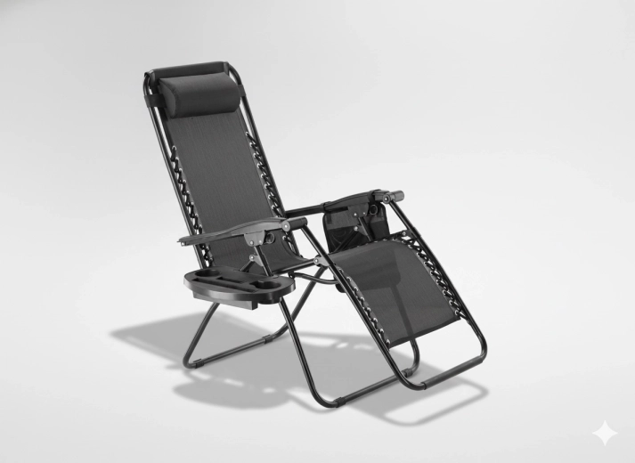 Chaise longue de jardin pliante avec plateau, poche et coussin – noir