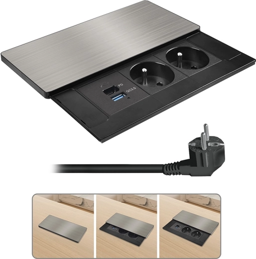 Bloc de prises encastrable Solight avec couvercle coulissant, 2× 230 V, USB-A + USB-C 20 W PD, 2 m, argenté