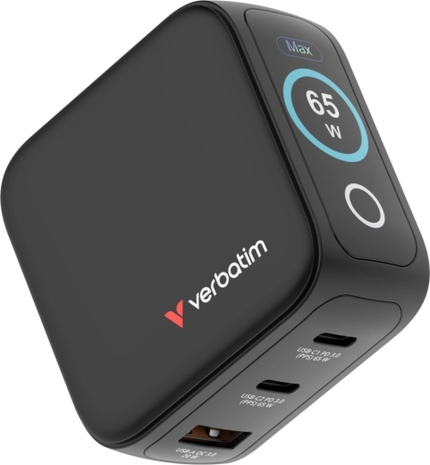 Mini chargeur GaN Verbatim 65 W avec écran TFT, 2× USB‑C et 1× USB‑A, EU/UK/USA