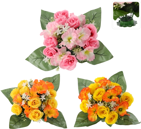 Bouquet artificiel roses et hibiscus, mélange de couleurs, 25 × 28 × 28 cm