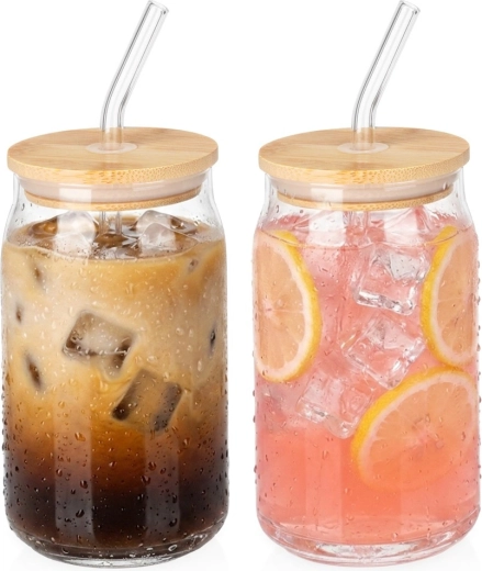 Gobelets en verre sauvages avec couvercle en bambou et paille en verre 460 ml, 2 pcs
