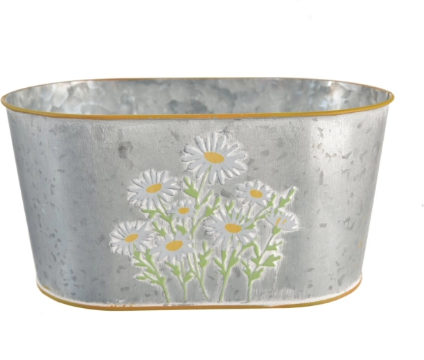Cache-pot en métal avec motif marguerite gris