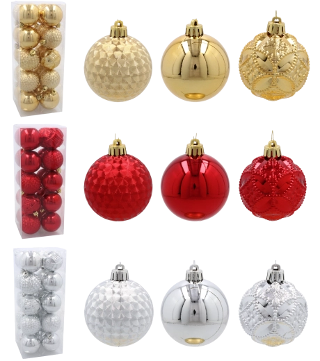 Set de 20 boules de Noël 6 cm – rouges, dorées et argentées