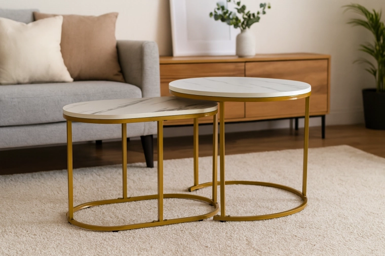 Ensemble de deux tables basses effet marbre, ronde et ovale, structure métallique dorée