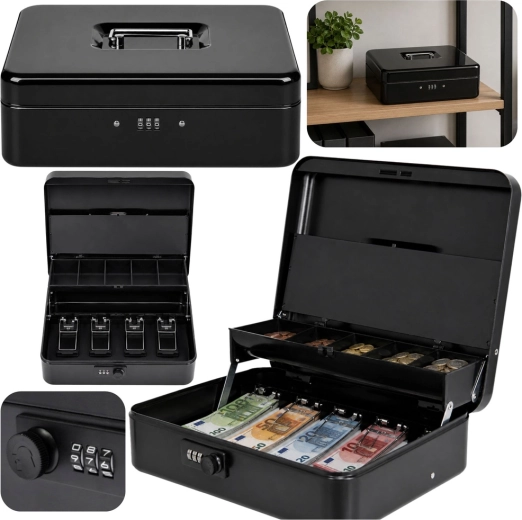 Coffret à monnaie en métal avec serrure à combinaison, noir