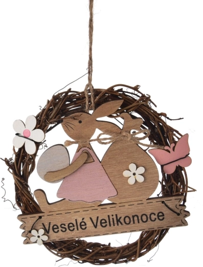 Couronne décorative de Pâques en osier et bois « Joyeuses Pâques » 15 cm