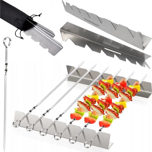 Set de 6 brochettes en acier inoxydable pour barbecue avec support et étui