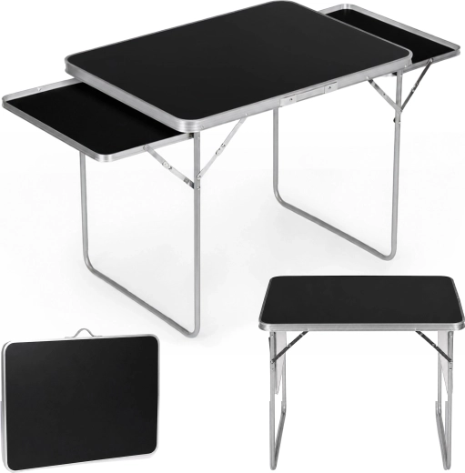 Table de camping pliante MultiGarden 120 × 60 cm avec 2 étagères latérales, noire