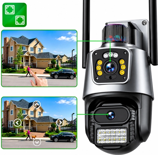 Caméra de sécurité Wi‑Fi double rotative pour usage extérieur et intérieur avec détection intelligente et alarme