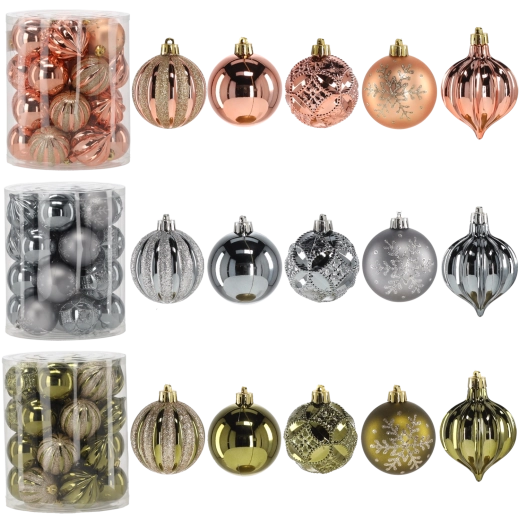 Set de boules de Noël 6 cm – olive, cuivré et graphite, 26 pcs