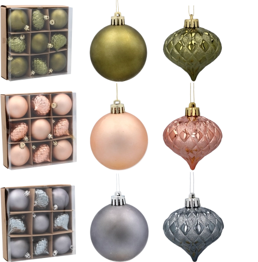 Set de boules de Noël 6 cm – olive, cuivré et graphite, lot de 9 pièces