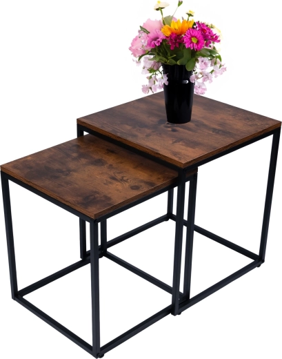 Ensemble moderne de tables basses carrées 2 en 1 au style loft industriel, chêne antique