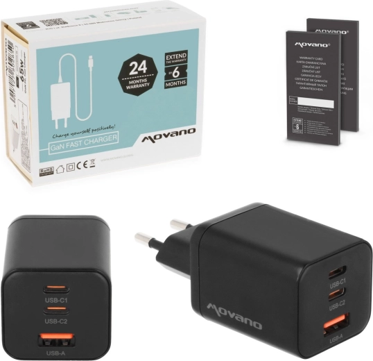 Chargeur Movano GaN 65 W 2× USB-C PD + USB-A, noir