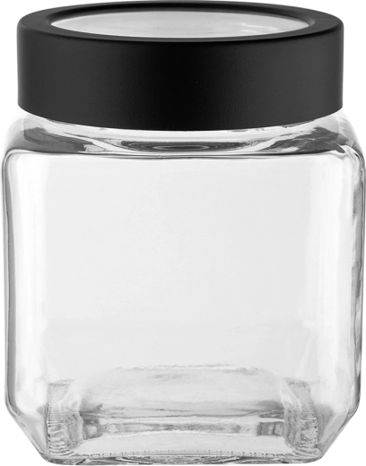 Bocal en verre carré Altom Design avec couvercle à vis noir, 500 ml