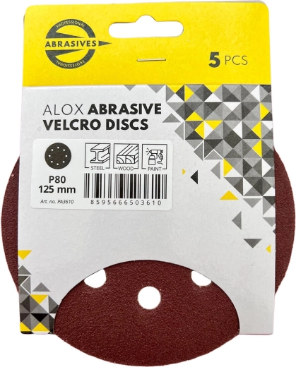 Disques abrasifs 125 mm, grain 80, 8 trous, fixation velcro (lot de 5)
