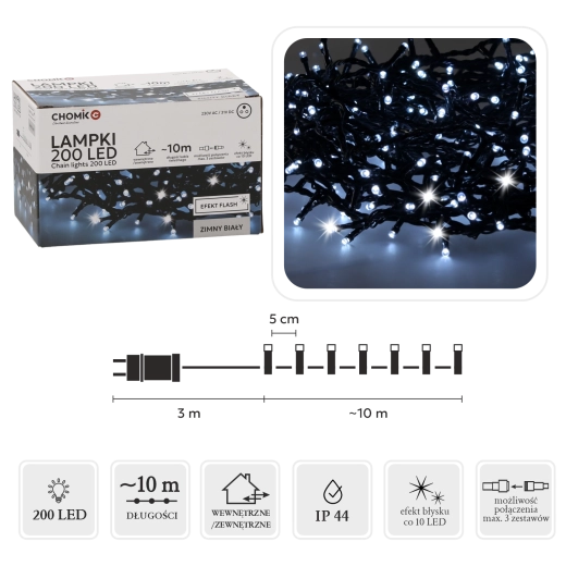 Guirlande LED 200 LED blanc froid avec clignotement, 10 m, intérieur et extérieur