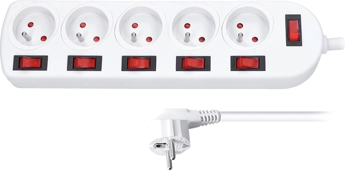 Multiprise Solight avec interrupteurs individuels, 5 prises, 3 m, blanc - 1 pièce