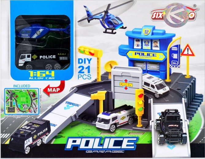 Parking de police avec voiture et hélicoptère