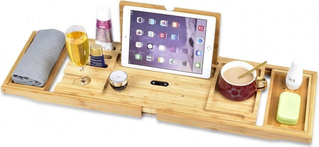 Étagère de baignoire en bambou avec porte-verre à vin