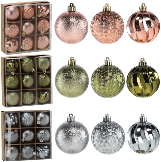Set de boules de Noël 6 cm en coloris olive, cuivre et graphite, 9 pcs