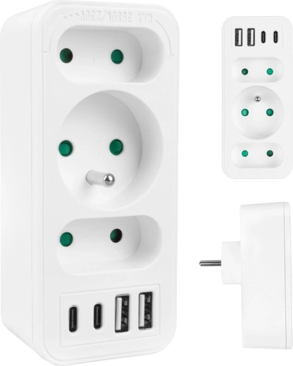 Multiprise réseau MACLEAN avec 1x Schuko, 2x Euro et 2x USB-A + 2x USB-C, blanc