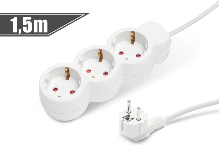 Rallonge électrique blanche avec 3 prises, 1,5 m