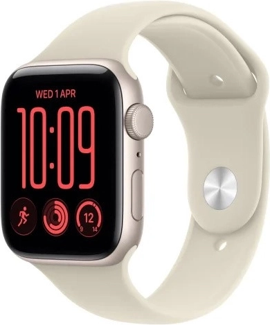 Apple Watch SE 3 GPS 44 mm avec boîtier en aluminium couleur lumière stellaire et bracelet sport couleur sable M/L