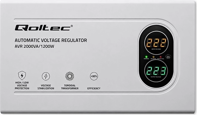 Stabilisateur de tension automatique Qoltec AVR 2000VA / 1200W avec transformateur toroïdal