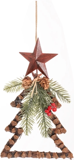 Décoration suspendue en forme de sapin avec étoile et ornements naturels – 32 cm