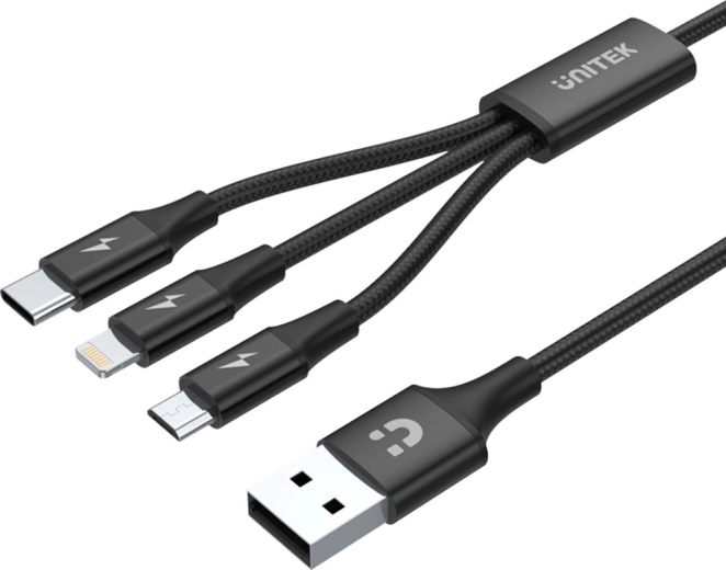 Câble de charge Unitek USB-A 3-en-1 (USB-C/Micro USB/Lightning) noir