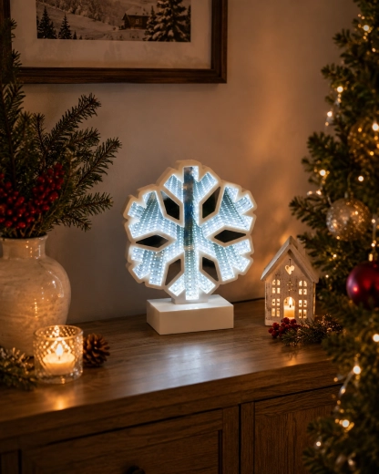 Décoration de Noël 3D – flocon de neige avec effet miroir infini (Infinity) LED - 1 pièce