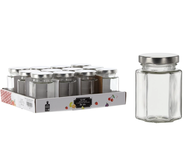 Bocal hexagonal 110 ml avec couvercle métallique (lot de 12 pcs)