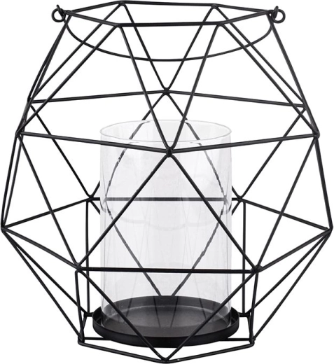 Bougeoir en métal noir avec anse et insert en verre au design géométrique 22 × 22 × 22 cm
