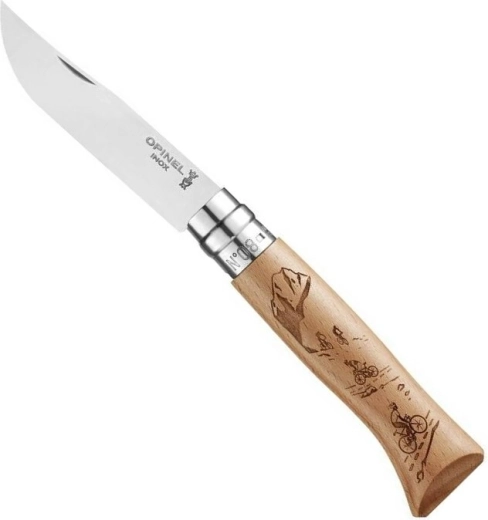 Couteau de poche OPINEL N°08 Gravure Sport Vélo, bois de hêtre, 8,5 cm