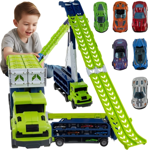 Iso Trade camion – piste de descente avec 6 petites voitures en métal