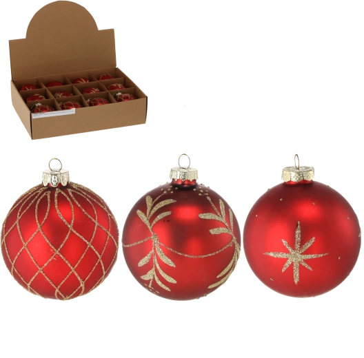 Boule de Noël en verre 8 cm rouge mat, assortiment de motifs (12 pcs)