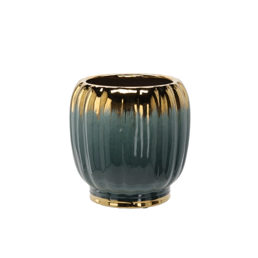 Cache-pot en céramique 28 × 28 × 28,5 cm vert bouteille et or