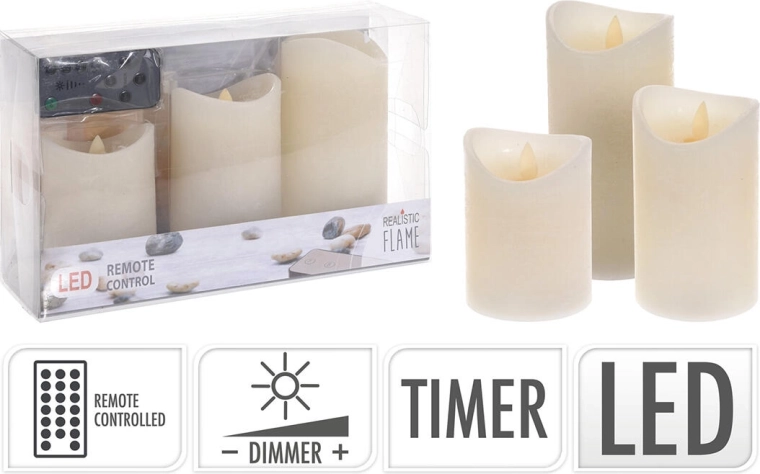 Set de bougies LED avec télécommande et minuterie, ivoire (3 pcs)