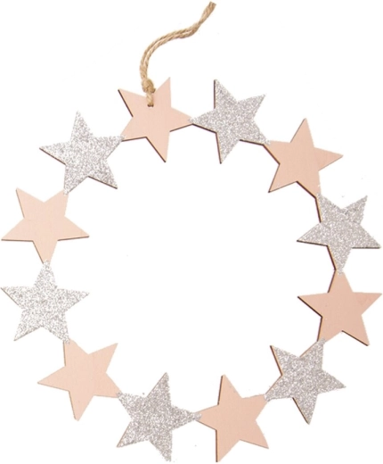 Couronne suspendue en bois avec étoiles rose 23 cm