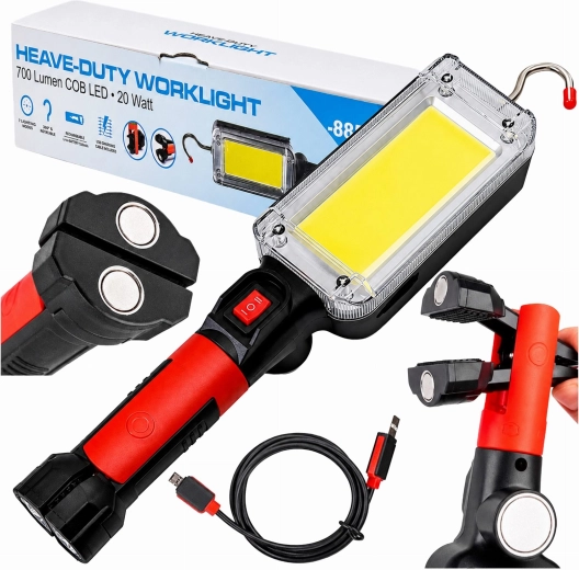 Lampe d’inspection LED d’atelier avec crochet et aimant, 700 lm, 20 W