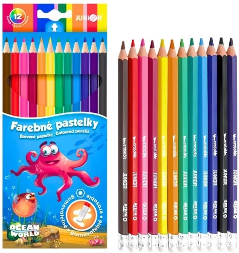 Crayons de couleur hexagonaux effaçables Junior Ocean World, set de 12 pcs