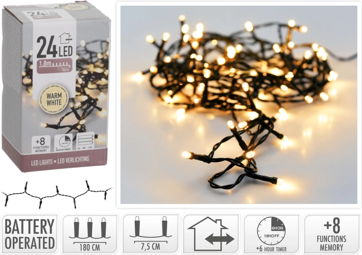 Éclairage LED de Noël 1,8 m, 24 LED, blanc chaud, 8 fonctions avec minuteur