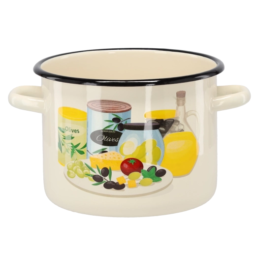 Marmite émaillée 4,5 l, 20 cm, couleur crème avec motif d'olives