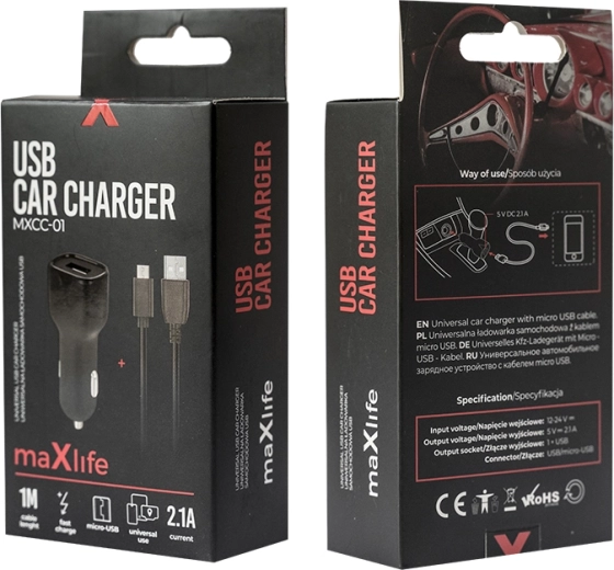 Maxlife chargeur voiture 2,1 A avec microUSB, noir