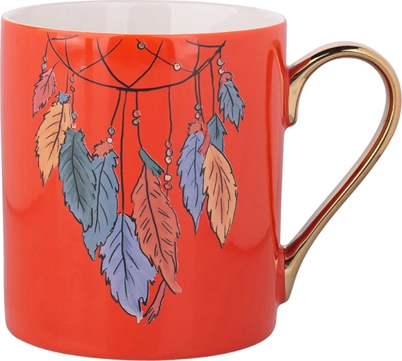 Mug Exotic 300 ml avec anse dorée – motif plumes, orange
